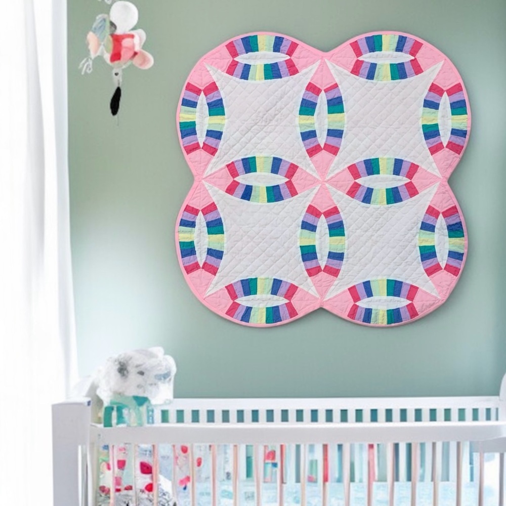 Vintage 80’s Handmade Double Wedding Ring Crib Topper Quilt